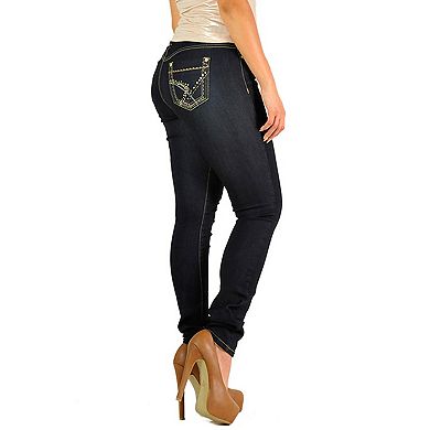 Women's Curvy Fit Stretch Denim Bling Pockets Skinny Jeans