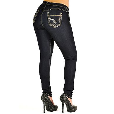 Women's Curvy Fit Stretch Denim Bling Pockets Skinny Jeans