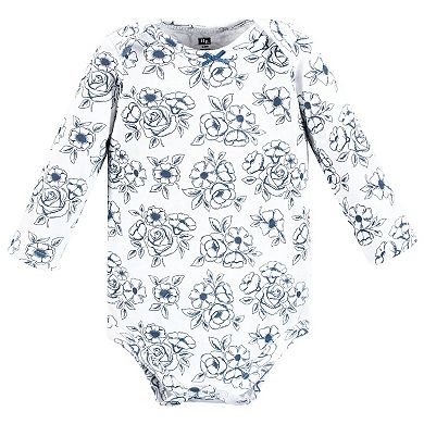 Hudson Baby Infant Girl Cotton Long-Sleeve Bodysuits, Blue Toile 5-Pack