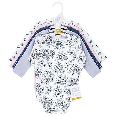 Hudson Baby Infant Girl Cotton Long-Sleeve Bodysuits, Blue Toile 5-Pack