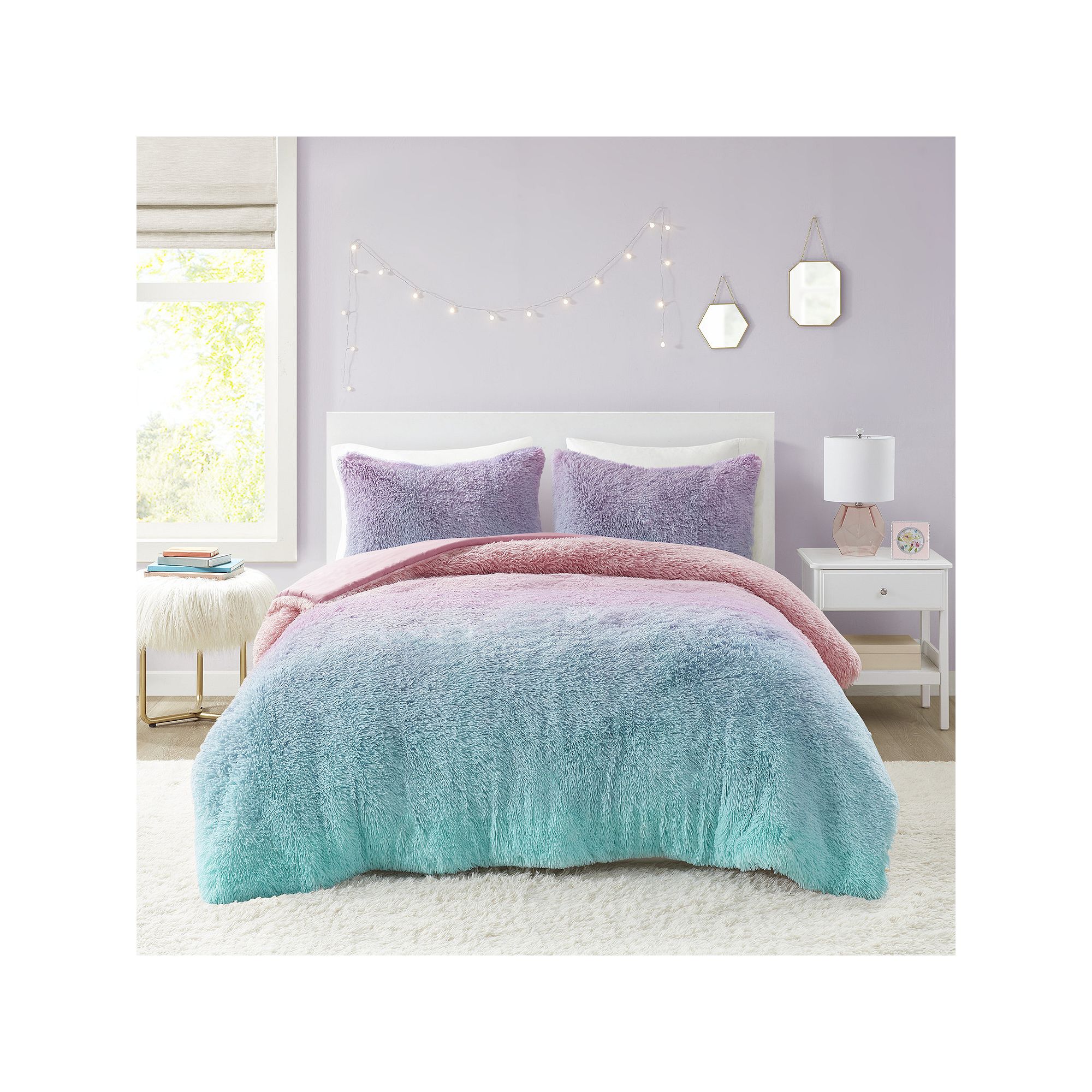 Intelligent Design Talia Ombre Shaggy Faux Fur Duvet Cover Set, Purple Team