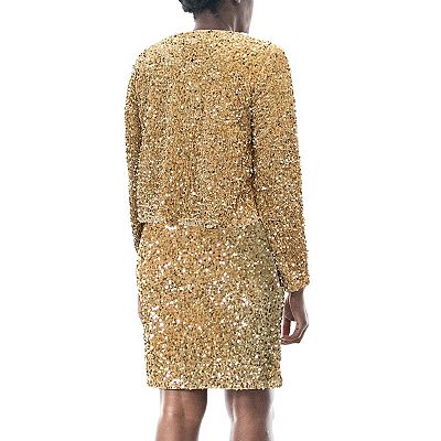 Women's Nina Leonard Sequin Mesh Cardigan & Sequin Sheath Dress Set, Size: Small, Gold