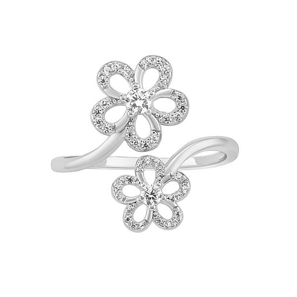 PRIMROSE Sterling Silver Pave Cubic Zirconia Double Flower Polished Bypass Ring