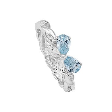 PRIMROSE Sterling Silver Aquamarine & Clear Cubic Zirconia Butterfly Twisted Band Ring