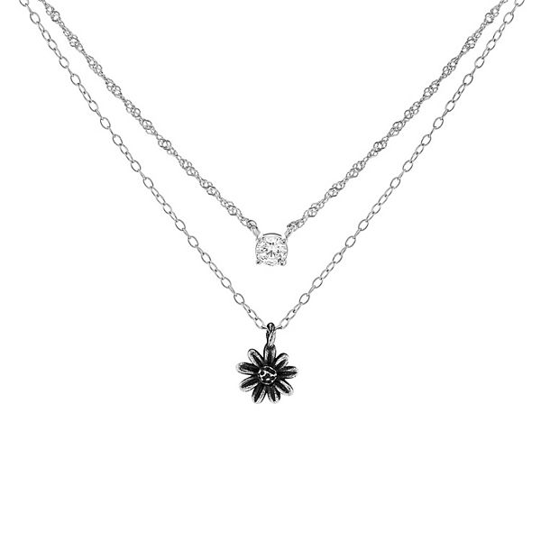 PRIMROSE Sterling Silver Cubic Zirconia and Flower Pendant Double Layered Necklace