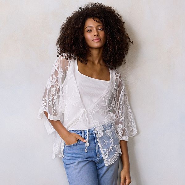 Women's LC Lauren Conrad Lace Tie-Front Cape - Bright White (ONE SIZE)