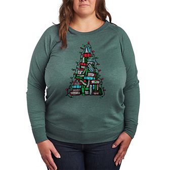 Plus Size Book Christmas Tree French Terry Long Sleeve Tee