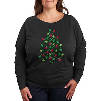Plus Size Paw Print Christmas Tree Lightweight French Terry Sweatshirt