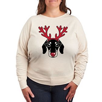 Plus Size Dachshund Reindeer Antlers French Terry Long Sleeve Tee