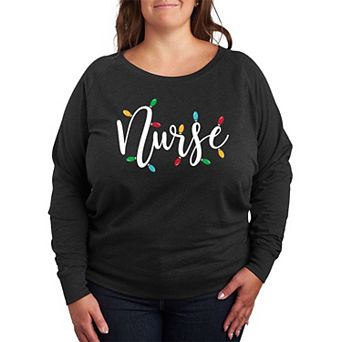 Plus Size Nurse Christmas Lights French Terry Long Sleeve Tee