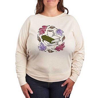 Plus Size Autumn Books Leaves French Terry Long Sleeve Tee