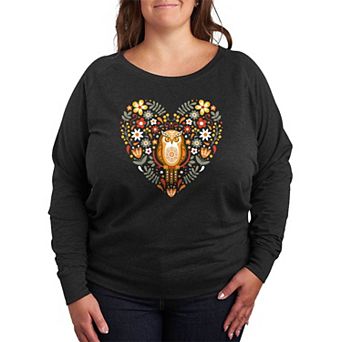 Plus Size Scandinavian Owl Floral Heart Lightweight French Terry Sweatshirt