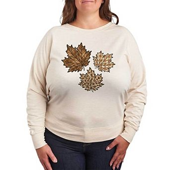 Plus Size Patterned Leaves French Terry Long Sleeve Tee