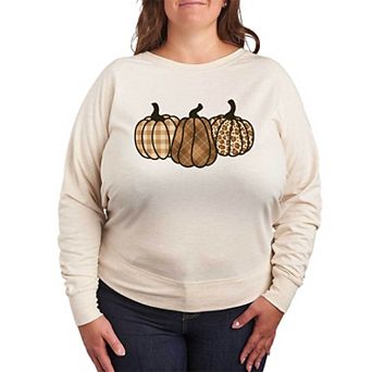 Plus Size Brown Plaid Pumpkins French Terry Long Sleeve Tee