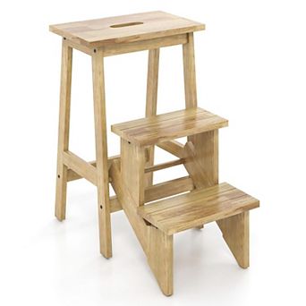 3 in 1 Step Ladder Stool Rubber Wood Foldable Kitchen Step Stool Chair with Handle