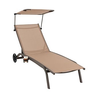 Adjustable Patio Chaise Lounge Chair with Canopy, Wheels and Cup Holder Reclining Outdoor