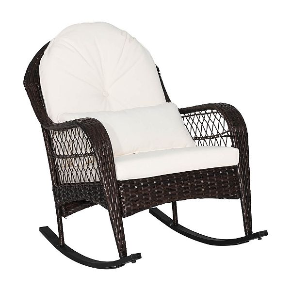 Patio Rattan Rocking Chair with Seat Back Cushions and Waist Pillow