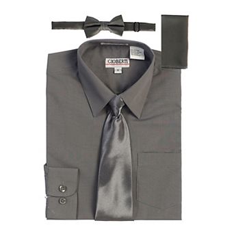 Gioberti Boy's Long Sleeve Dress Shirt + Solid Tie, Bow Tie, and Hanky