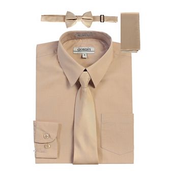 Gioberti Boy's Long Sleeve Dress Shirt + Solid Tie, Bow Tie, and Hanky