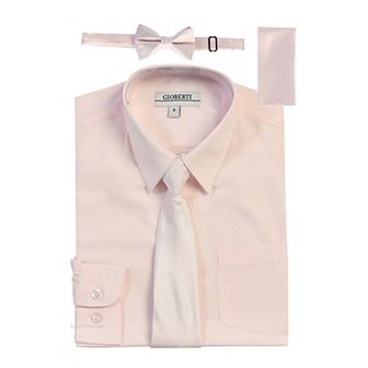 Gioberti Boy's Long Sleeve Dress Shirt + Solid Tie, Bow Tie, and Hanky