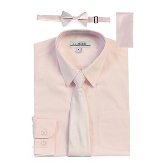 Gioberti Boy's Long Sleeve Dress Shirt + Solid Tie, Bow Tie, and Hanky