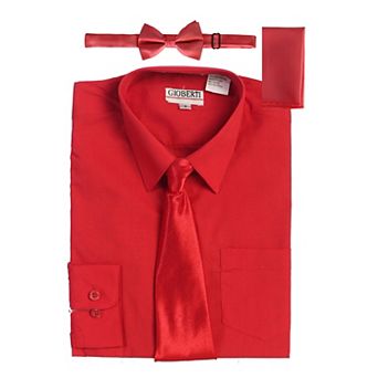 Gioberti Kid's Long Sleeve Dress Shirt + Solid Tie, Bow Tie, And Hanky