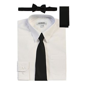 Gioberti Boy's Long Sleeve Dress Shirt + Solid Tie, Bow Tie, and Hanky