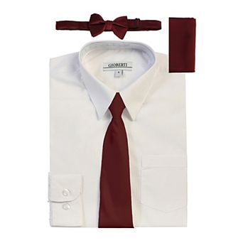 Gioberti Boy's Long Sleeve Dress Shirt + Solid Tie, Bow Tie, and Hanky