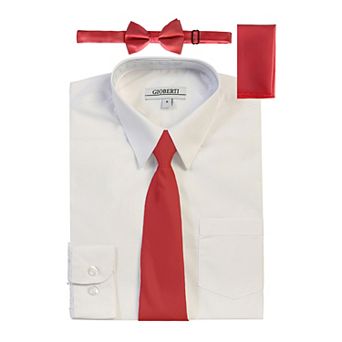Gioberti Boy's Long Sleeve Dress Shirt + Solid Tie, Bow Tie, and Hanky