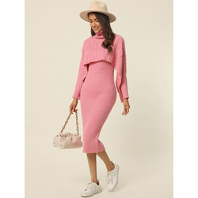 Women's Two Piece Outfits Knitted Long Sleeve Turtleneck Sweaters Tank Bodycon Midi Dress Set
