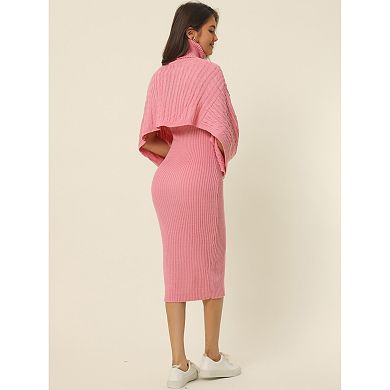 Women's Two Piece Outfits Knitted Long Sleeve Turtleneck Sweaters Tank Bodycon Midi Dress Set