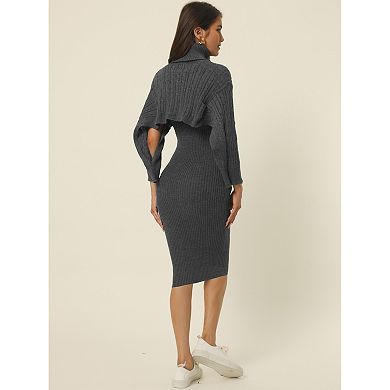 Women's Two Piece Outfits Knitted Long Sleeve Turtleneck Sweaters Tank Bodycon Midi Dress Set