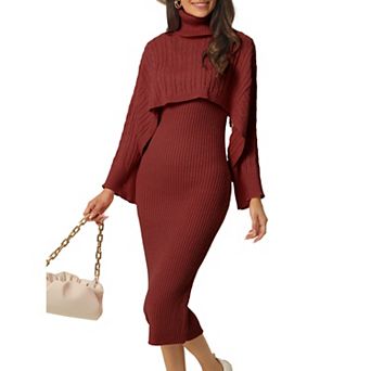 Women's Two Piece Outfits Knitted Long Sleeve Turtleneck Sweaters Tank Bodycon Midi Dress Set
