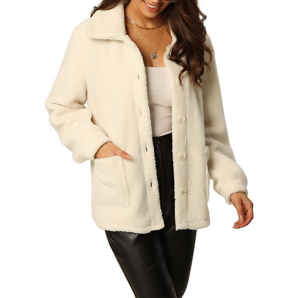 Women's Faux Shearling Jacket Long Sleeve Lapel Button Down Fleece Coat ...