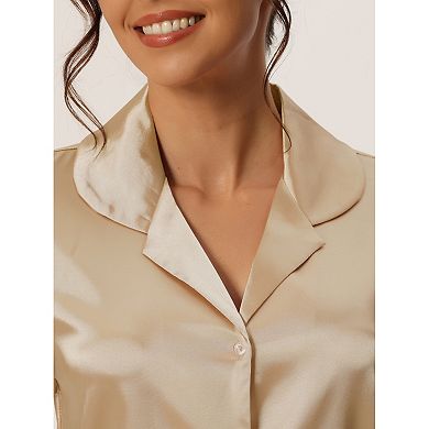 Women Satin Pajama Set Button Short Sleeve Shirt and Shorts Loungwear Sleepwear