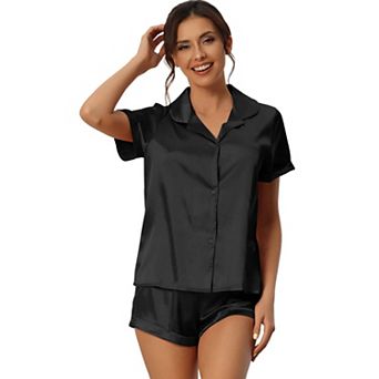 Women Satin Pajama Set Button Short Sleeve Shirt and Shorts Loungwear Sleepwear