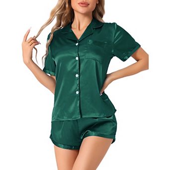 Women Satin Pajama Set Button Short Sleeve Shirt and Shorts Loungwear Sleepwear