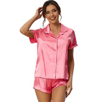 Women Satin Pajama Set Button Short Sleeve Shirt and Shorts Loungwear Sleepwear