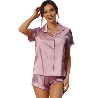 Women Satin Pajama Set Button Short Sleeve Shirt and Shorts Loungwear Sleepwear