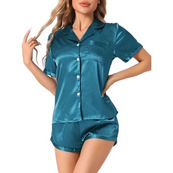 Women Satin Pajama Set Button Short Sleeve Shirt and Shorts Loungwear Sleepwear