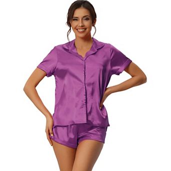 Women Satin Pajama Set Button Short Sleeve Shirt and Shorts Loungwear Sleepwear