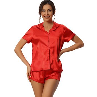 Women Satin Pajama Set Button Short Sleeve Shirt and Shorts Loungwear Sleepwear