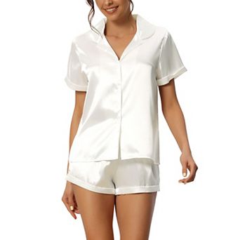 Women Satin Pajama Set Button Short Sleeve Shirt and Shorts Loungwear Sleepwear