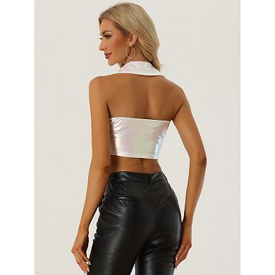 Holographic Crop Top for Women's Shimmering Shiny Party Halter Metallic Tops