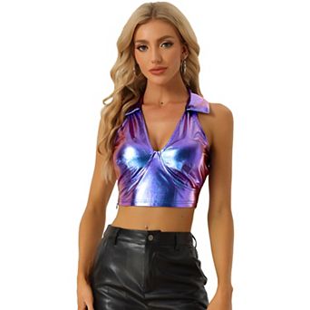 Holographic Crop Top For Women's Shimmering Shiny Party Halter Metallic Tops