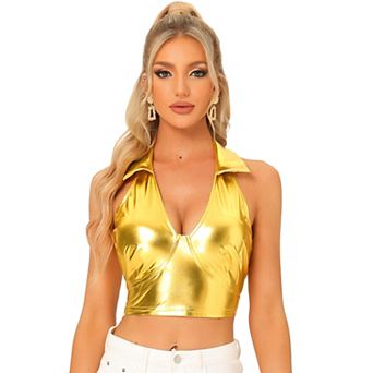 Holographic Crop Top For Women's Shimmering Shiny Party Halter Metallic Tops