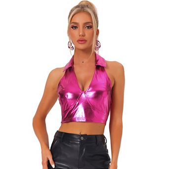 Holographic Crop Top For Women's Shimmering Shiny Party Halter Metallic Tops