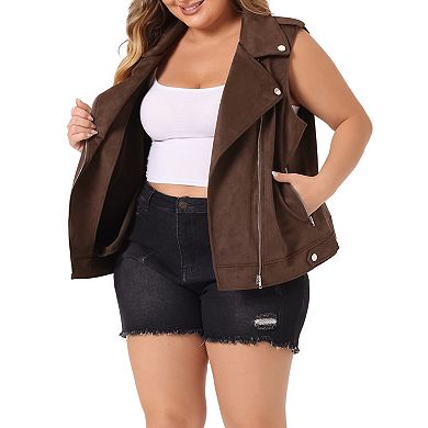 Faux Suede Vests For Women Plus Size Winter Lapel Zipper Utility Motorcycle Suede Jacket Vest