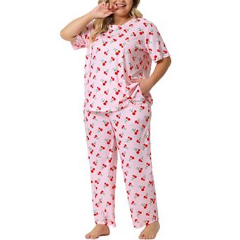 Plus Size Pajama Set for Women Short Sleeve Cherry Print Elastic Soft Pockets Nightwear Sleepwear