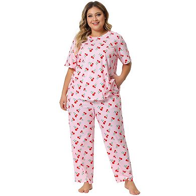 Plus Size Pajama Set for Women Short Sleeve Cherry Print Elastic Soft Pockets Nightwear Sleepwear